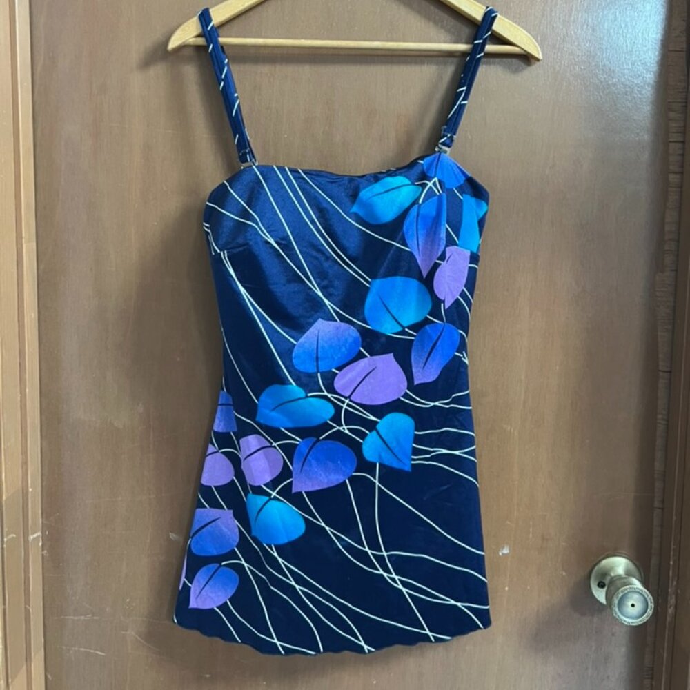 VTG 70s Bathing suit skirted Navy Floral